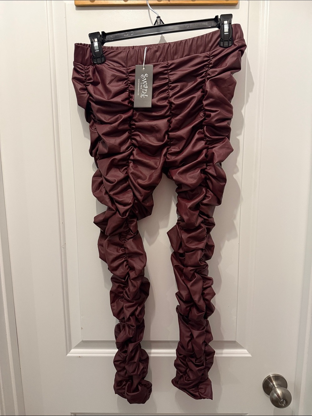 🥳 5 for $25 Ruched Faux Leather Leggings in Deep Burgundy